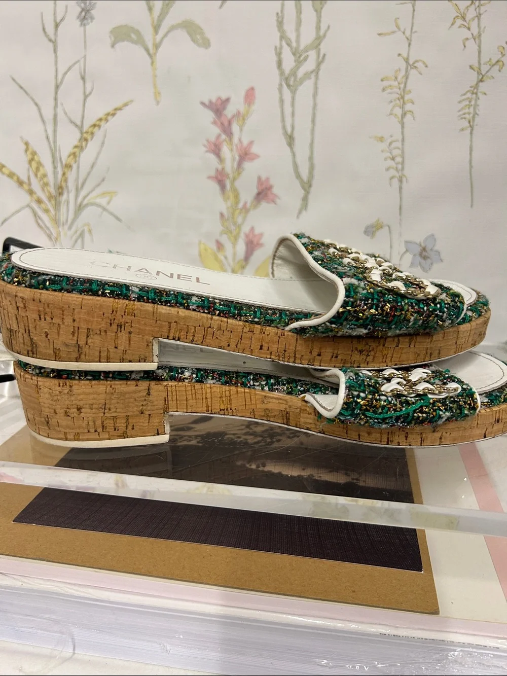 CHANEL Green Tweed Espadrille Slide Sandals with Gold Chain Logo